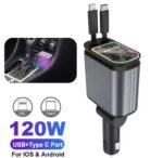 4-in-1 PD30W Car Fast Charger – USB Type-C Adapter with Retractable Cable & LED Roof Starlight