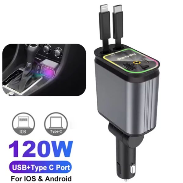 4-in-1 PD30W Car Fast Charger – USB Type-C Adapter with Retractable Cable & LED Roof Starlight
